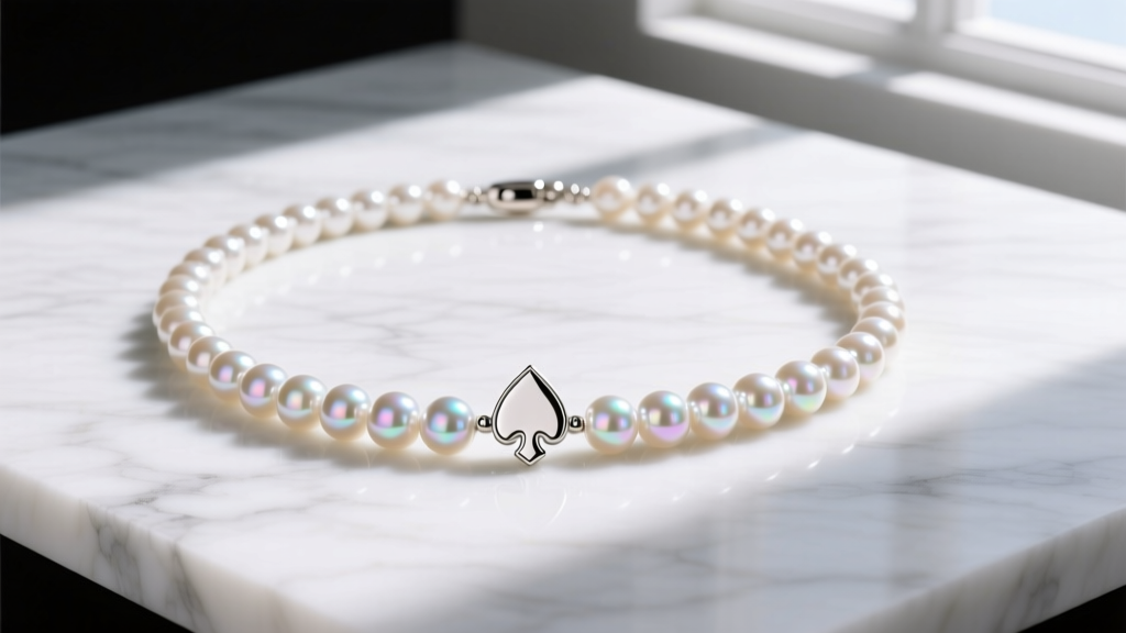 Flat lay of a Kate Spade pearl necklace with uniform glass pearls and a spade logo clasp resting on a white marble surface