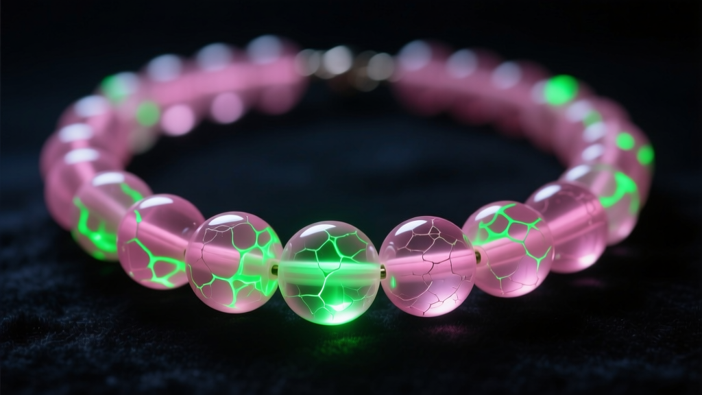 UV flashlight illuminating a pink uranium glass bead necklace, revealing bright neon green fluorescence against a dark background