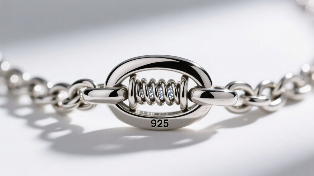 Macro shot of a sterling silver chain link necklace lobster clasp, revealing the internal spring mechanism and 925 stamp.