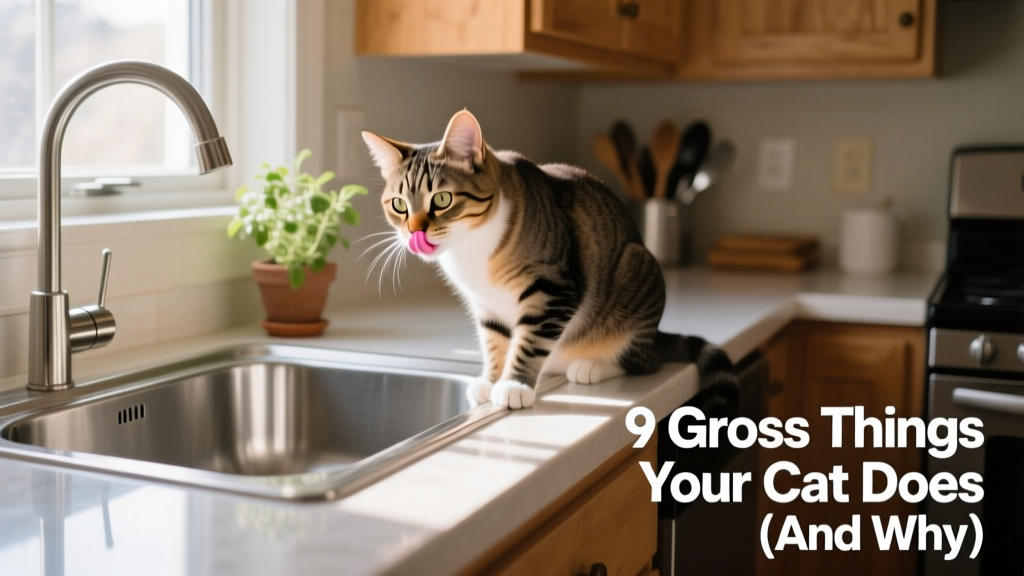 Cat perched on a kitchen counter, tongue touching a stainless-steel sink
