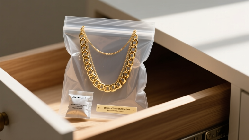 Drawer showing a gold chain necklace stored in a sealed polyethylene bag with a silica gel packet and an anti-tarnish strip.
