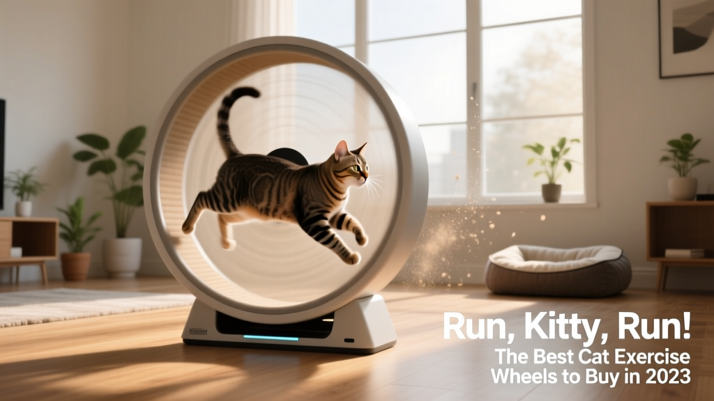 A confident adult cat running smoothly on a large, quiet cat exercise wheel in a tidy home setting