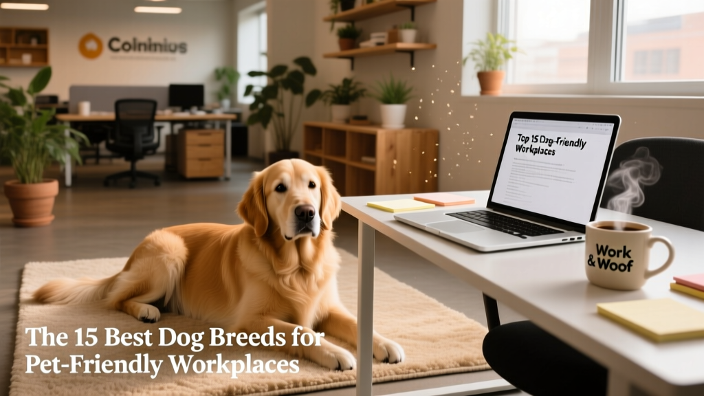 A calm, well-behaved dog resting quietly beside an office desk with a laptop and coffee mug nearby