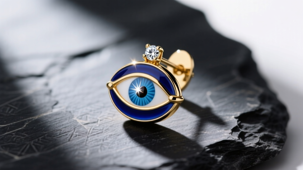 Macro shot of a 14k gold evil eye lucky charm earring with vibrant blue enamel and diamond center resting on dark slate stone.