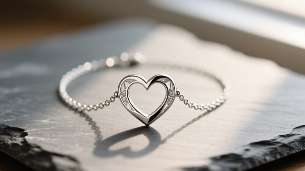 Sterling silver heart inside a heart necklace on slate, showing nested cutout design and delicate chain in soft light.