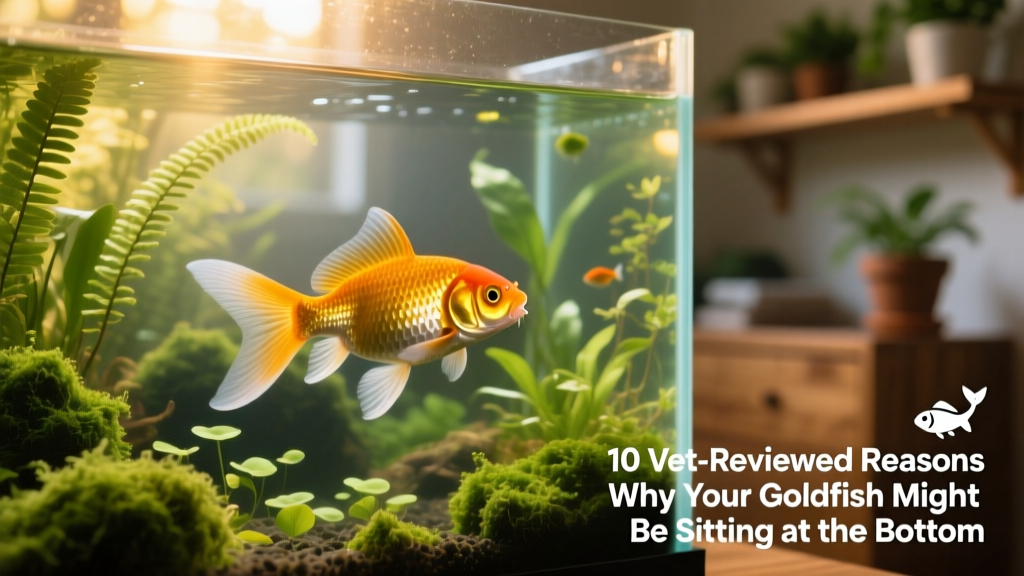 Healthy goldfish swimming mid-water in a well-planted aquarium with clear water