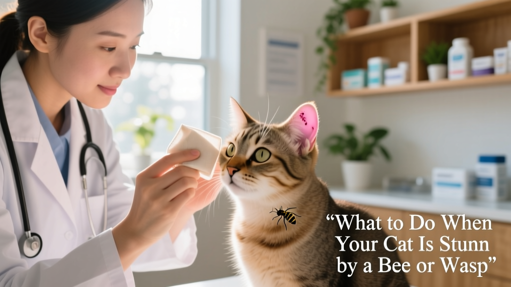 A veterinarian calmly examining a cat’s face while holding a small, wrapped cold compress near the ear