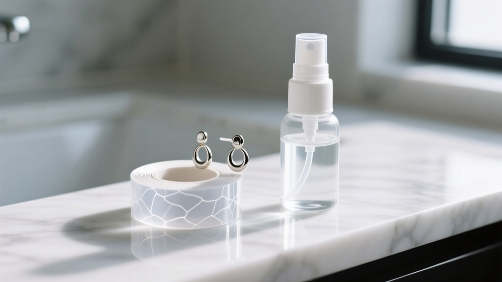 Macro shot of hypoallergenic polyurethane earring tape next to a sterile saline spray bottle on a clean white marble counter