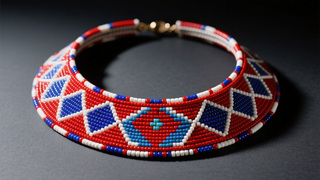 Vibrant Maasai beaded collar necklace with precise red, white, and blue glass bead patterns on a dark neutral background