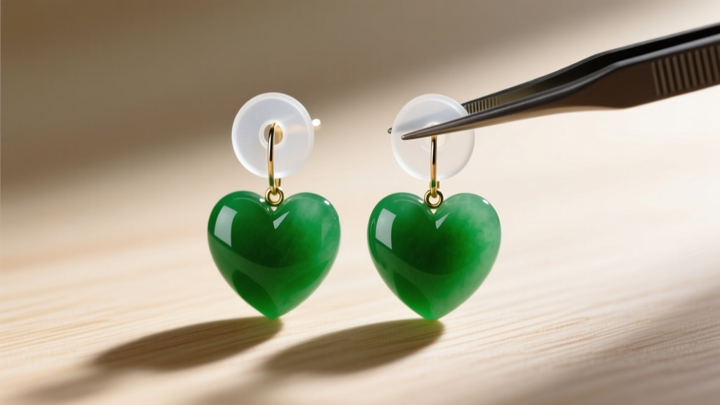 Tweezers holding clear silicone earring support patches behind a pair of chunky green jade heart nugget drop earrings on wood.