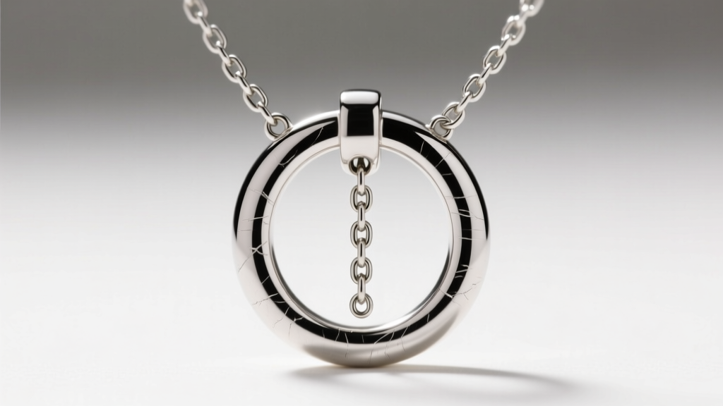 Macro shot of a silver Y necklace slide clasp, showing the friction point where the vertical drop chain passes through the ring