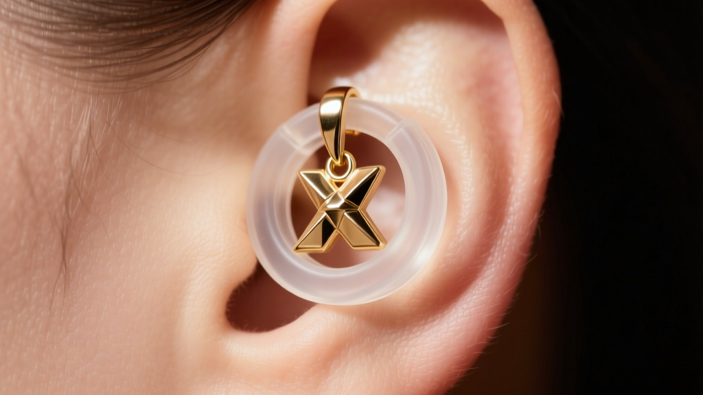 Macro shot of a clear silicone support disc holding a heavy brass XL drop earring on an earlobe under bright, clean studio light