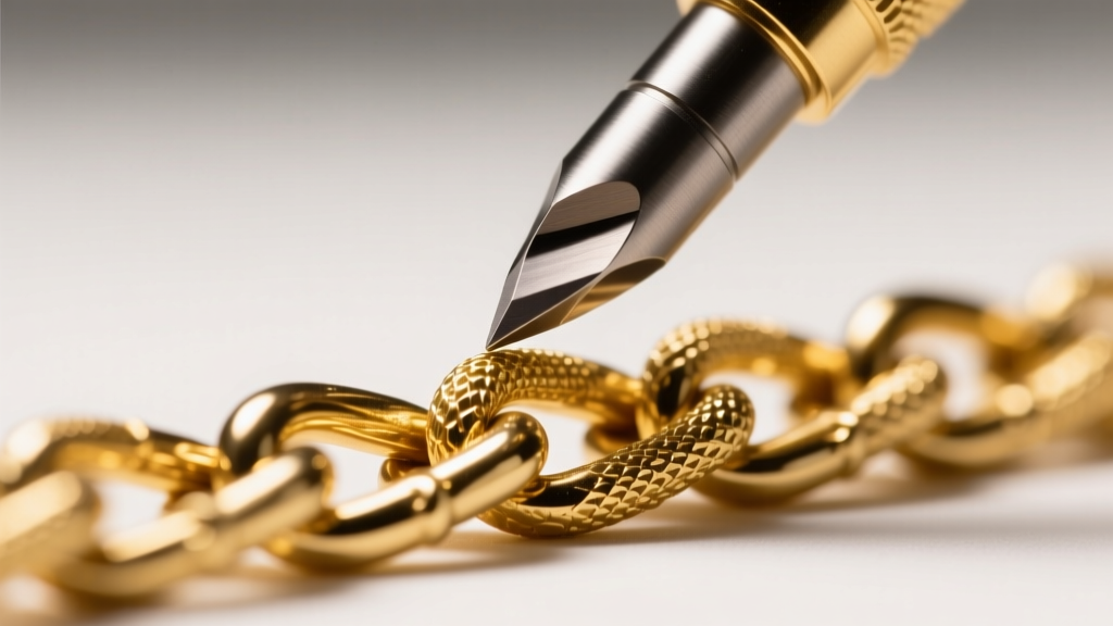 Macro shot of a tungsten electrode placed two millimeters above a textured gold bead chain link, lit by bright studio lighting.