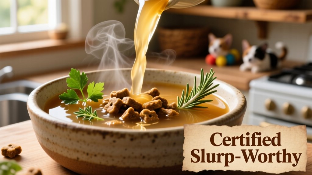 A close-up of golden bone broth being poured over dry kibble in a ceramic pet bowl, with visible steam and herbs floating on top