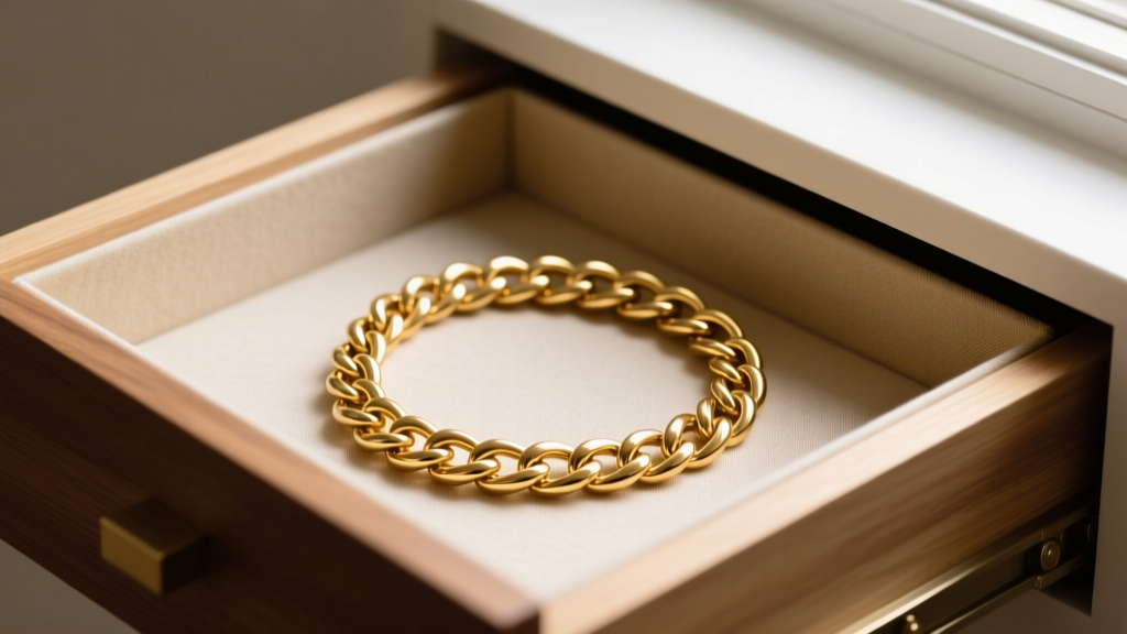 Close-up of anti-tarnish Pacific cloth lining inside a drawer holding a heavy 14k gold Cuban link chain flat without any tangling.