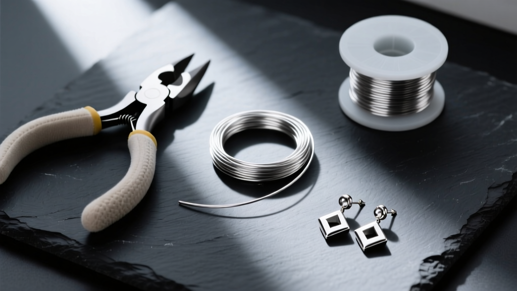 Overhead flat lay of jewelry tools, nylon jaw pliers, 20-gauge titanium wire, and earring posts on a dark slate workspace