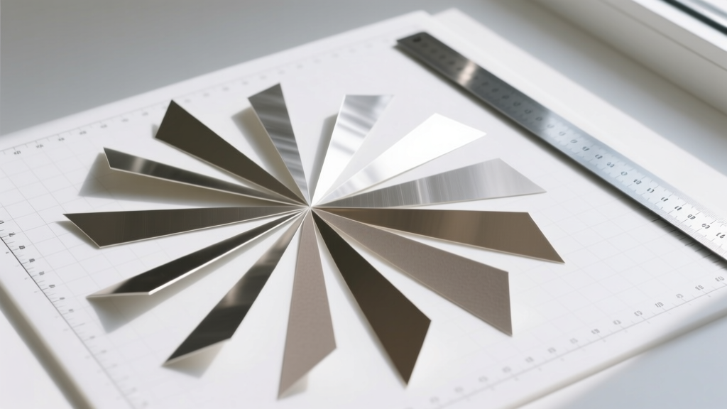 Metallic and matte scrapbook paper strips cut into precise triangles, fanned out on a white cutting mat beside a steel ruler.