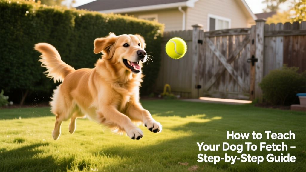A golden retriever happily chasing a bright yellow tennis ball in a sunlit, fenced backyard