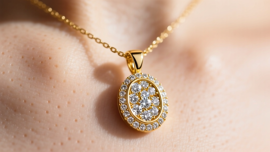 Close-up of a 14k gold pendant necklace featuring a crushed diamond grit inlay, showcasing the rough, sparkly texture on skin.