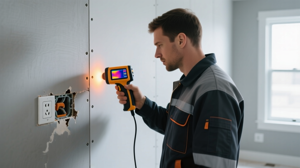 Contractor inspecting noise reducing gypsum board with a thermal camera to locate acoustic leaks around electrical outlets
