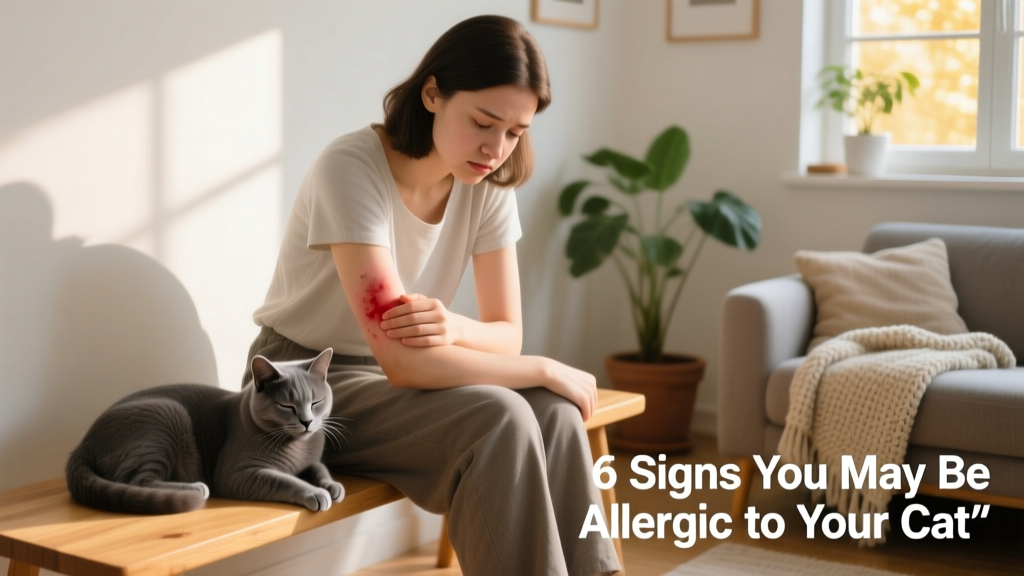 Person gently scratching forearm with visible mild redness, seated beside a calm cat