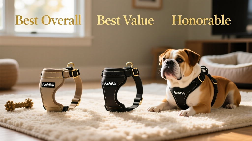 Side-by-side comparison of three FurPetVo harnesses laid out on a soft rug, labeled 'Best Overall,' 'Best Value,' and 'Honorable Mention'