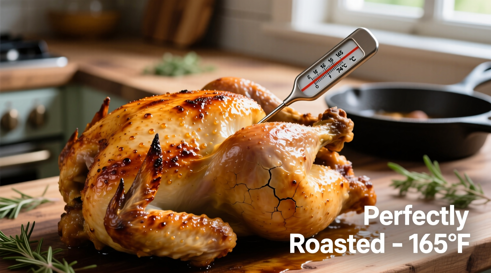 Oven roast with golden crust and thermometer