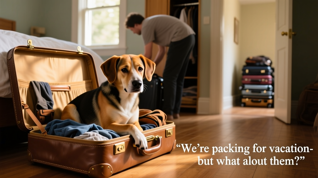 Sad looking dog sitting in a suitcase while owner packs for vacation