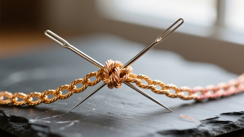 Macro shot of two sewing needles picking apart a tight knot in a thin 14k rose gold rope chain resting on a dark slate surface.