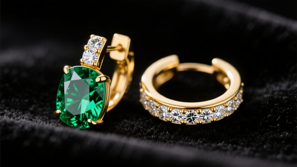 Macro shot of 18k gold emerald diamond hoop earrings on black velvet, highlighting green inclusions and diamond sparkle.