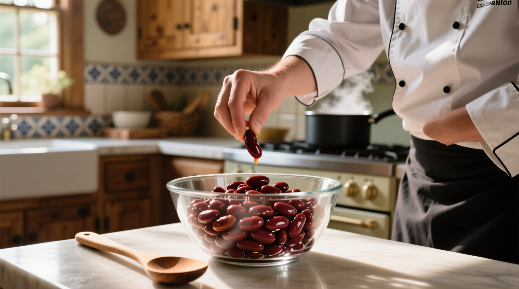 Chef measuring soaked beans in glass bowl