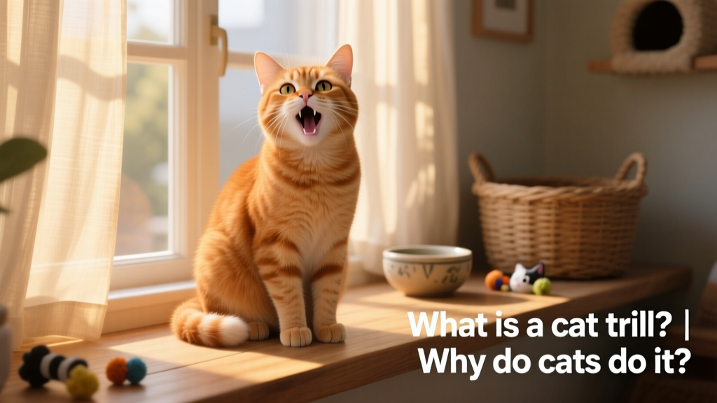 A relaxed ginger cat sitting upright, mouth slightly open, mid-trill