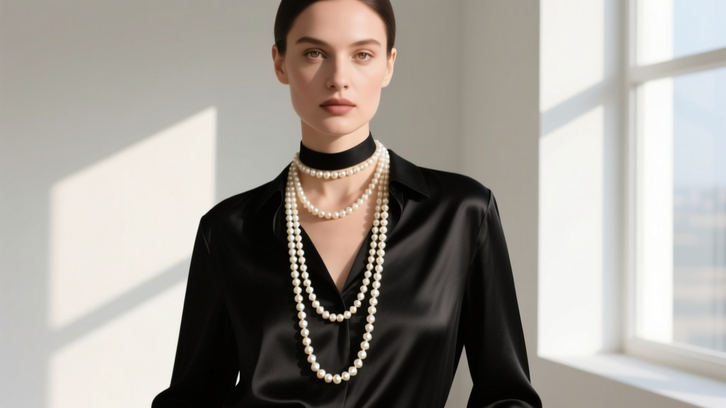 Woman wearing a 16-inch choker and 20-inch opera string pearl necklace over a black silk blouse in natural daylight.