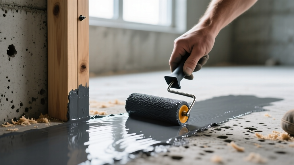 Close-up of a roller applying dark gray epoxy paint to a porous concrete basement floor next to a framed wooden wall stud
