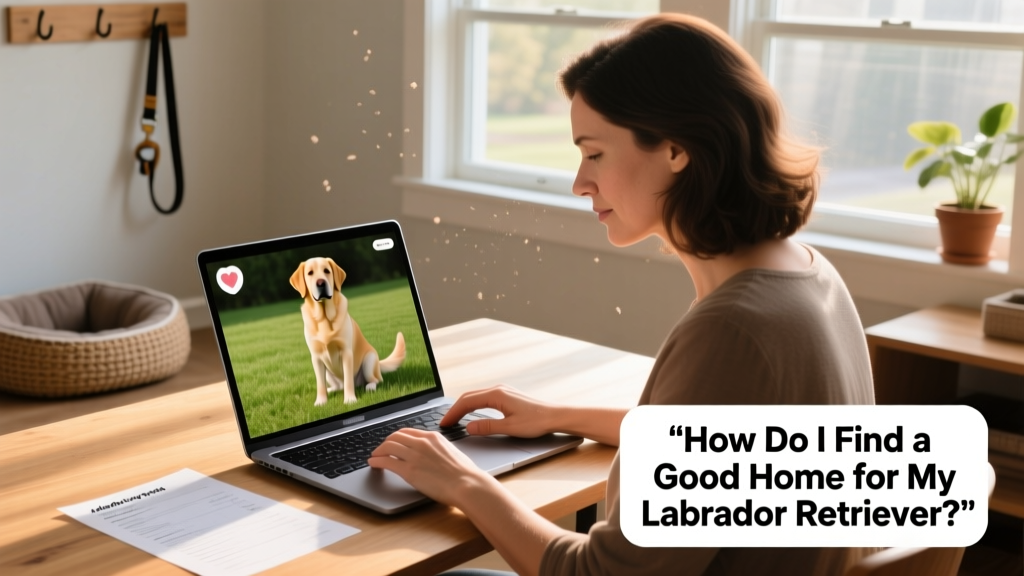 A person reviewing a digital pet profile on a laptop, with a photo of a Labrador Retriever visible on screen