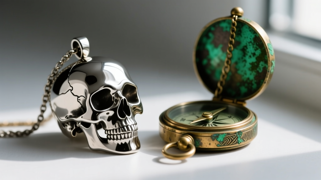 Macro shot of polished steel skull pendant beside a tarnished solid brass compass necklace showing distinct green patina.