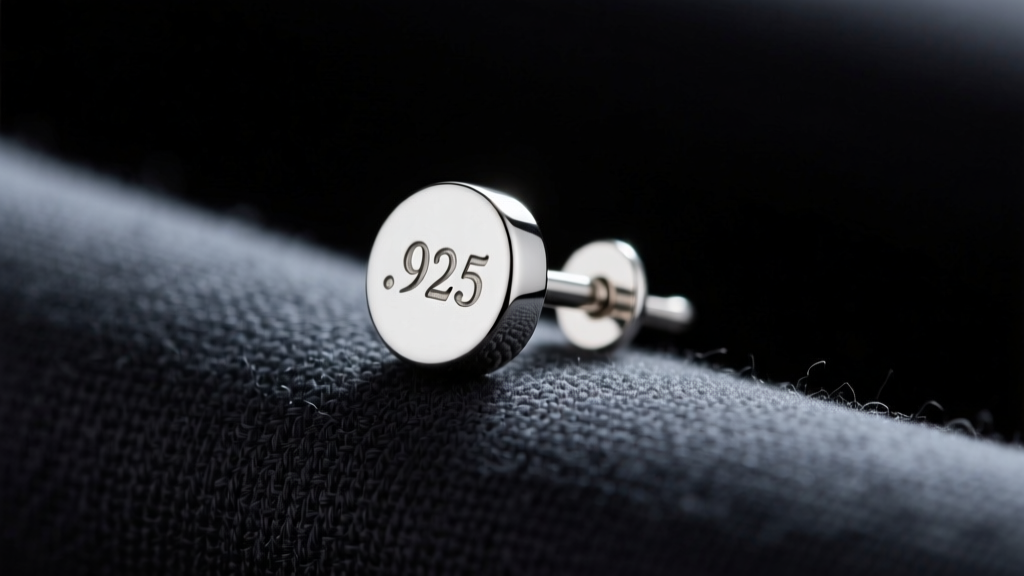 A 20-gauge sterling silver earring post with a .925 hallmark, resting on a dark microfiber cloth under bright studio light.