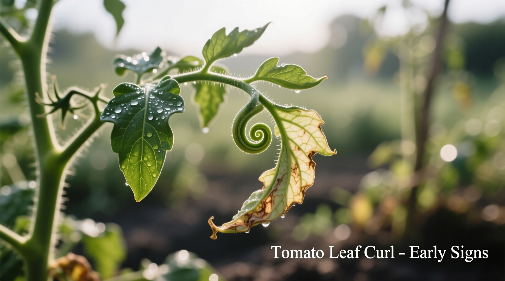 Close-up of tomato plant showing upward leaf curling symptoms