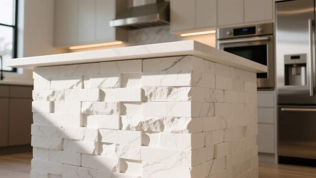 Close-up of bright white stacked stone veneer installed without mortar joints on a modern kitchen island base with warm lighting