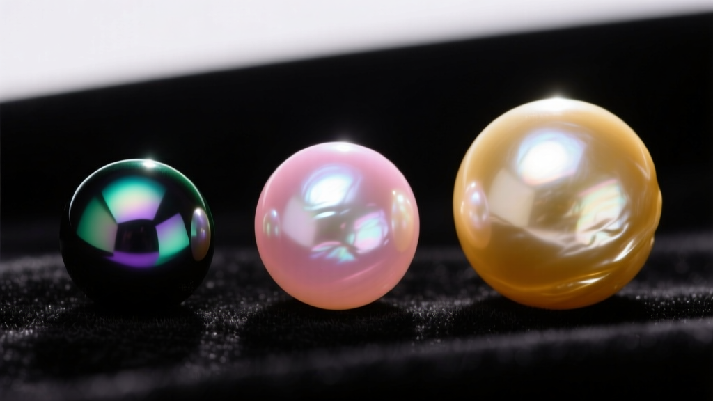 Macro shot of three pearls side-by-side on black velvet: a pinkish Akoya, a golden South Sea, and a dark peacock Tahitian pearl.