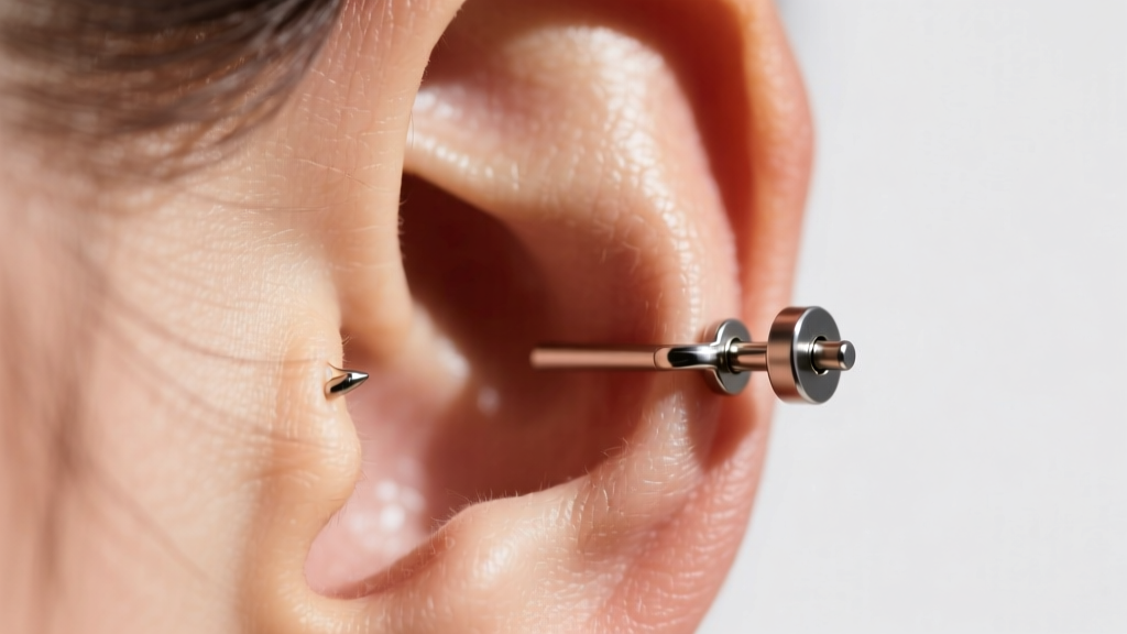 Close-up of an earlobe wearing a lightweight 18-gauge implant-grade titanium stud with a secure locking La Pousette clutch backing.