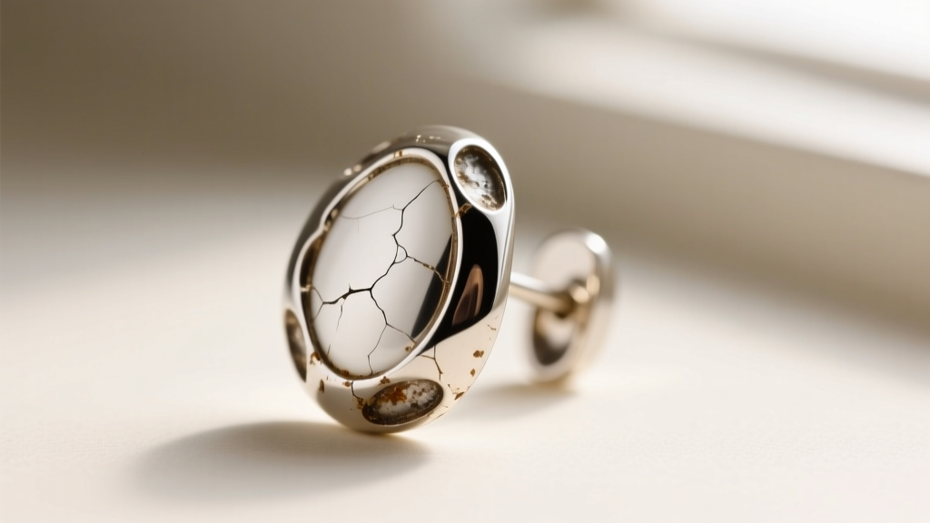 Close-up of a vintage Eisenberg earring showing microscopic wear and oxidized white metal beneath rhodium plating.