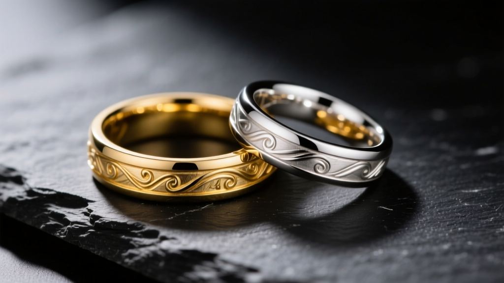 Macro shot of 14k yellow gold and sterling silver rings on dark slate, lit by studio light to highlight metal grain and polish