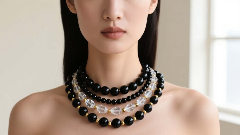 Model wearing a three-tier layered bead necklace featuring matte onyx, clear quartz, and small 14k gold spacer beads on her neck
