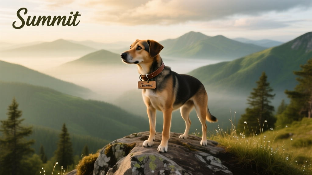 A confident dog standing atop a rocky ridge overlooking misty green mountains