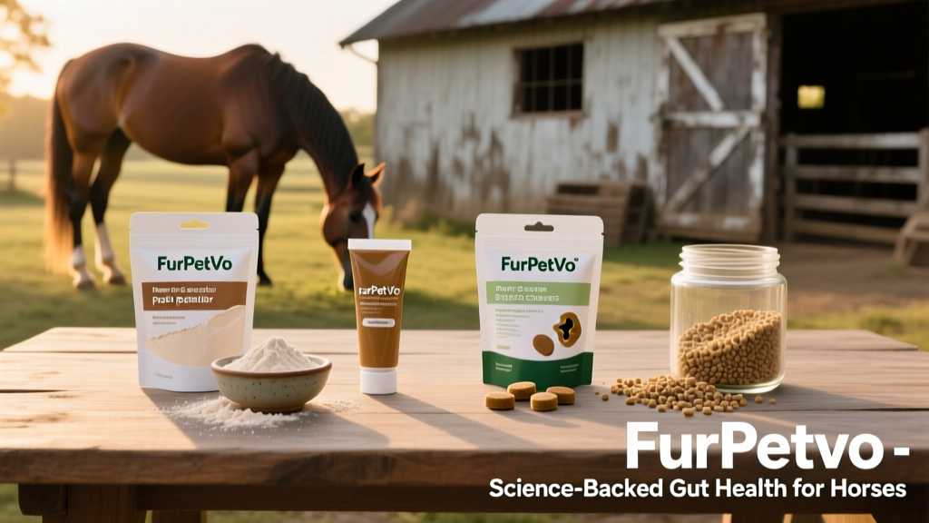 Side-by-side comparison of four FurPetVo probiotic formats: powder, paste, soft chews, and granules