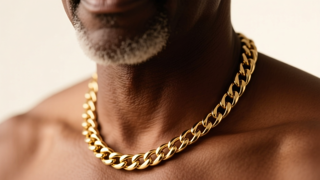 Close-up of a man wearing a 4mm 18k gold Cuban link chain resting exactly on the collarbone under warm studio lighting
