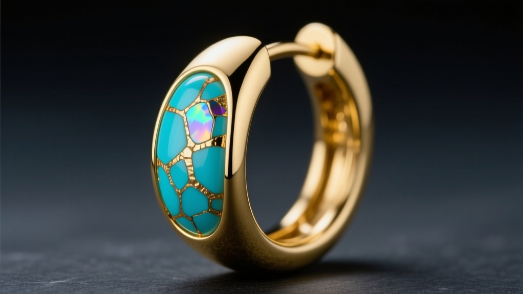 Close-up macro photograph of 14k yellow gold hoop earrings featuring a smooth bezel-set crushed turquoise inlay on dark slate.