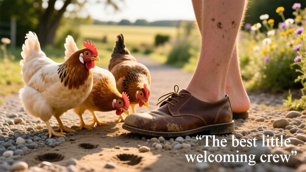 Close-up of three friendly chickens pecking gently at a person's shoes while perched on a gravel path