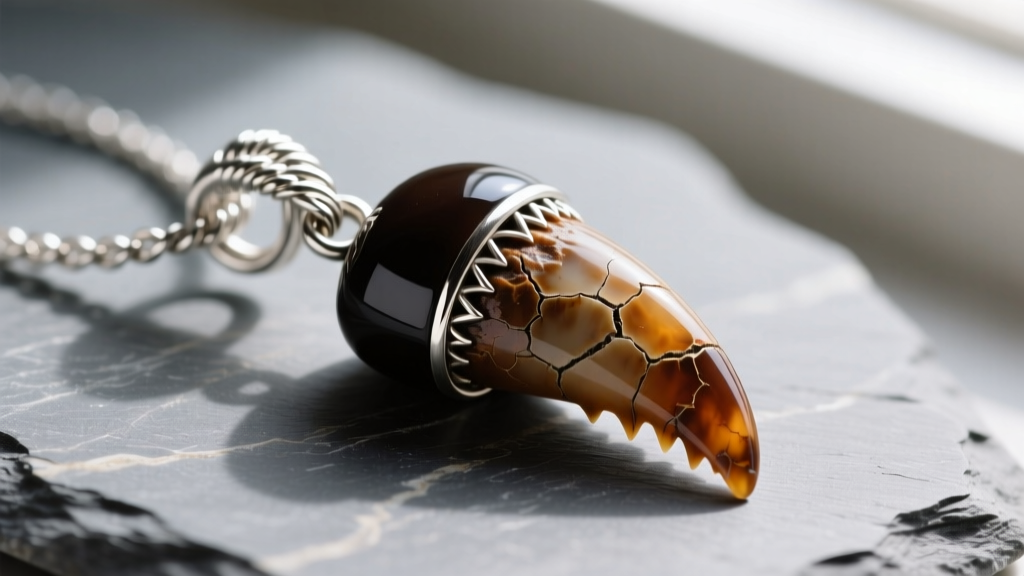 Close-up of a fossilized sand tiger shark tooth pendant with dark enamel and a sterling silver wire-wrapped bail resting on slate